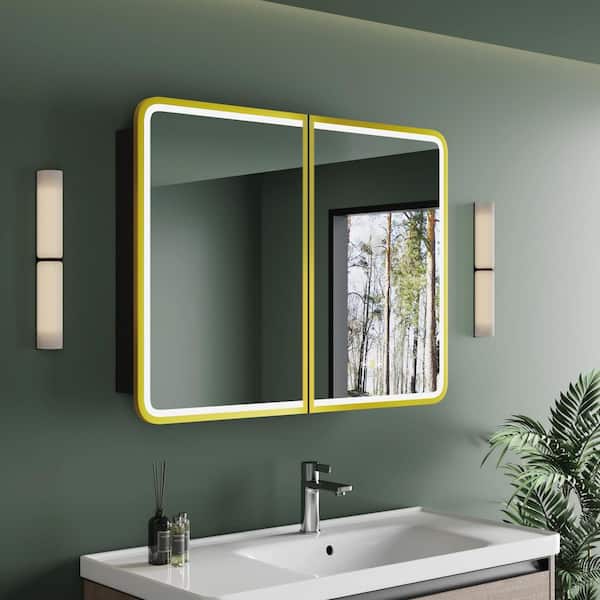 HBEZON Thalia 36 in. W x 32 in. H Rectangular Iron Medium LED Defogging Medicine Cabinet with Mirror, Gold