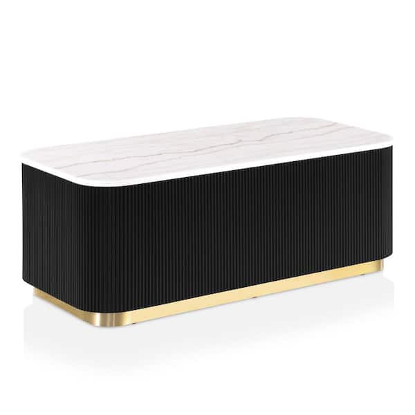 Keith 47.5 in. Black and White Rectangle Marble Top Coffee Table with Gold Accent Reeded Plinth Base