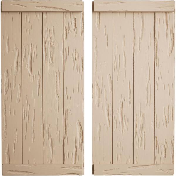 Ekena Millwork 22 in. x 40 in. Timberthane Polyurethane 4-Board Joined Board-n-Batten Pecky Cypress Faux Wood Shutters, End Batten Pair