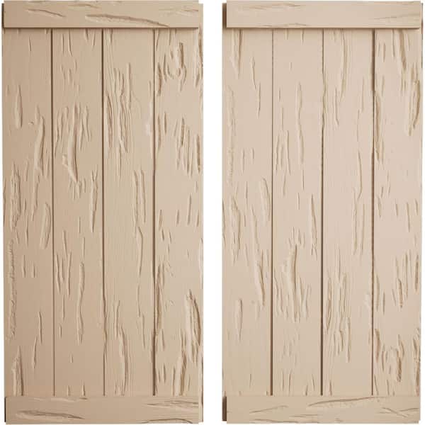 Ekena Millwork 22 in. x 72 in. Timberthane Polyurethane 4-Board Joined Board-n-Batten Pecky Cypress Faux Wood Shutters, End Batten Pair