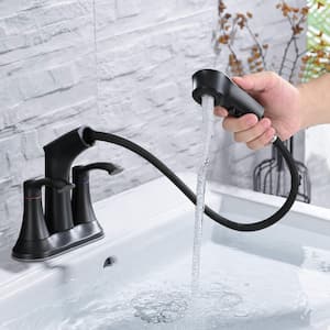 4 in. Centerset Pull Out Sprayer Faucet Double Handle High Arc Bathroom Faucet in Matte Black