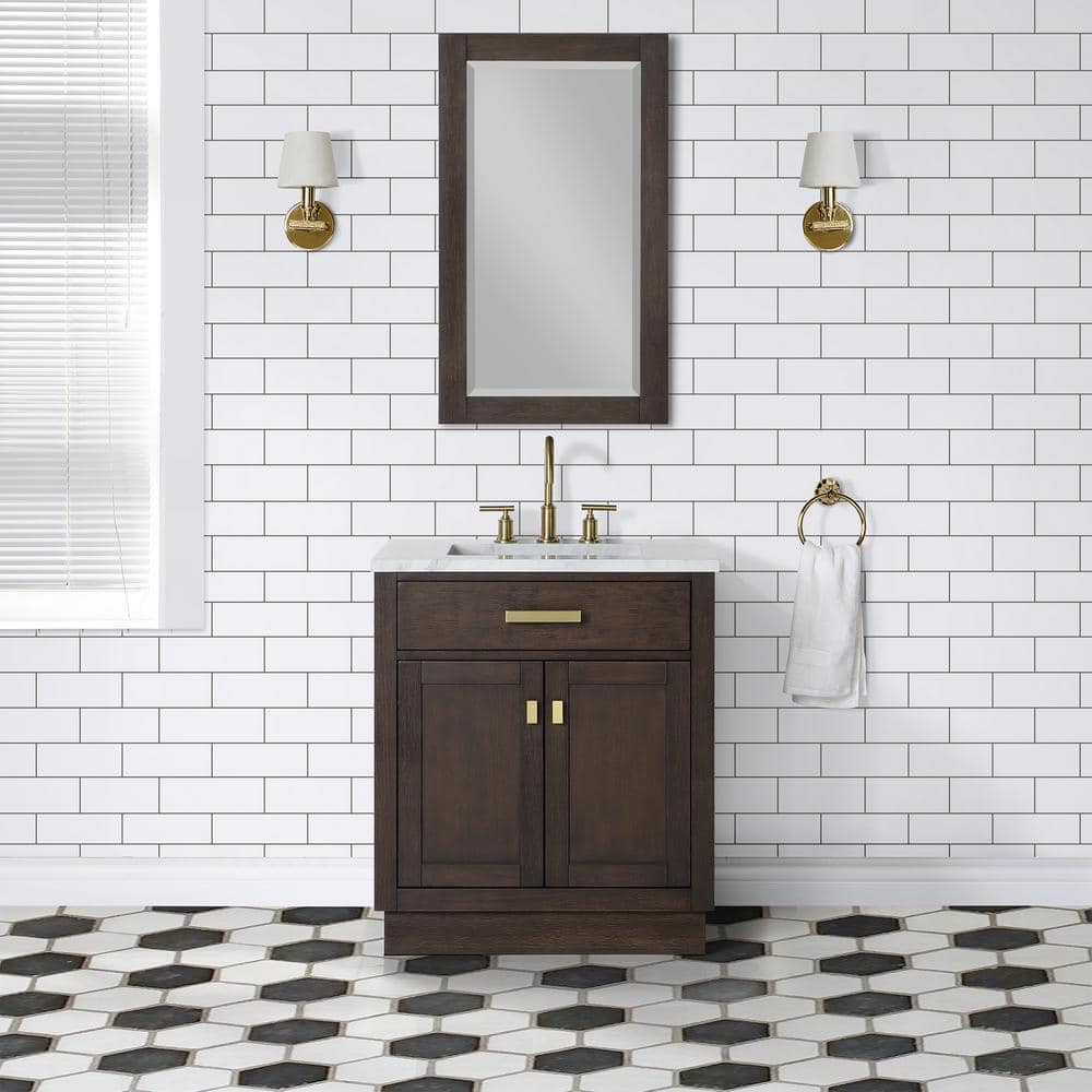 Chestnut 30in.Wx21.5in.Dx34.2in.H Single Sink Bath Vanity in Brown Oak with Carrara White Marble Top, Faucet and Mirror price history on PriceWatchPro