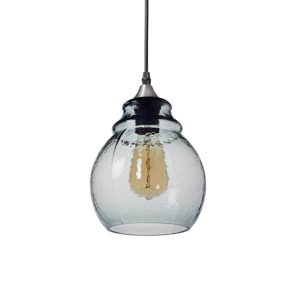 Casamotion 10 in. H 1-Light Silver Hammered Glass Pendant with Blue ...