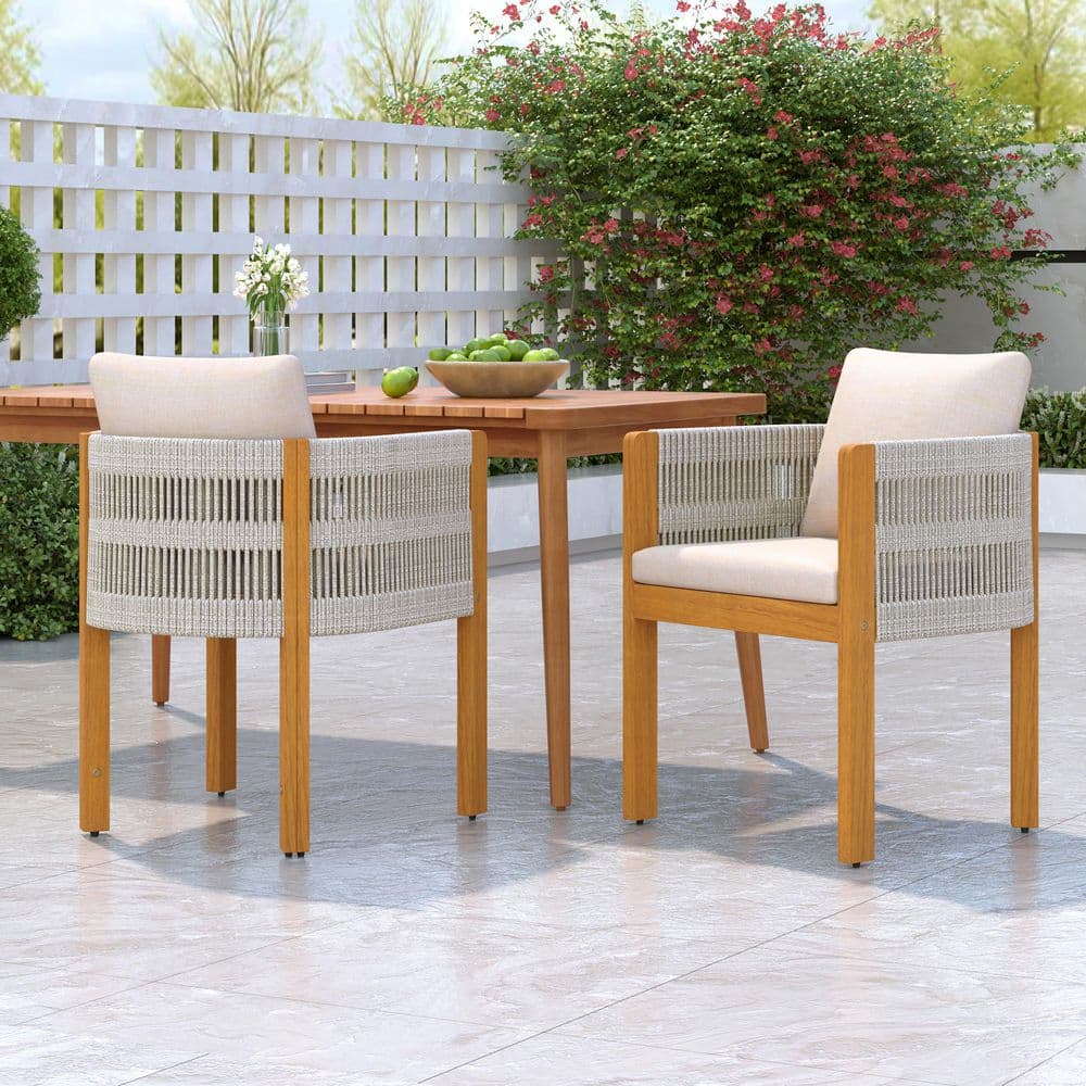 スティック新品2セット Set of 2 Acacia Wood Outdoor Dining Chairs-Mix White Rope Arms and