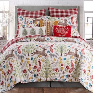 Folk Deer 3-Piece Multicolor Woodland/Plaid Holiday Cotton King/Cal King Quilt Set