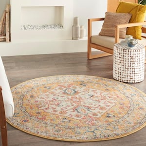 Passion Ivory/Yellow 4 ft. x 4 ft. Persian Medallion Transitional Round Area Rug