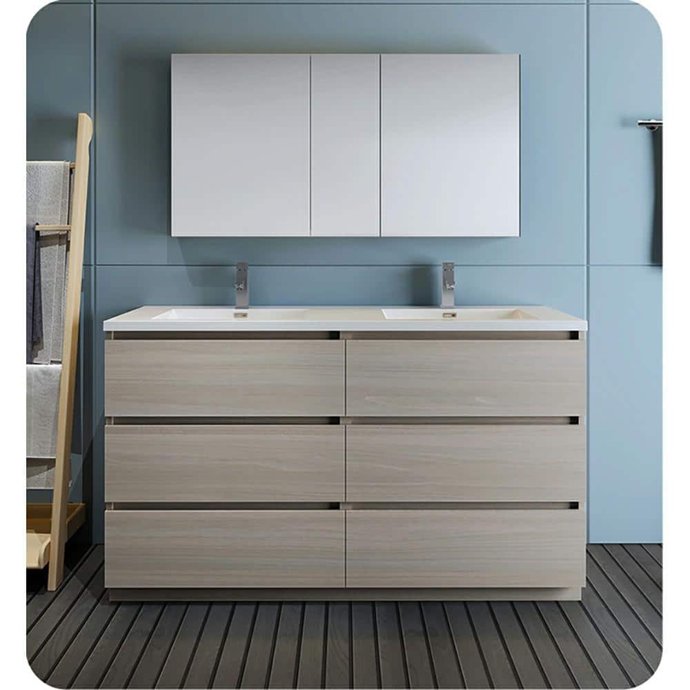 Gray Wood 60" Freestanding Double Sink Vanity with Acrylic Top