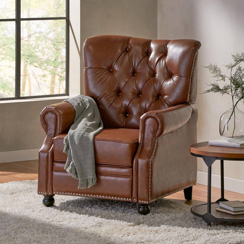Cognac Brown Elegance Faux Leather Wood Club Recliner
