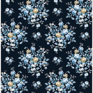 56 sq. ft. Midnight Blue and Toffee Floral Bouquet Prepasted Paper Wallpaper Roll