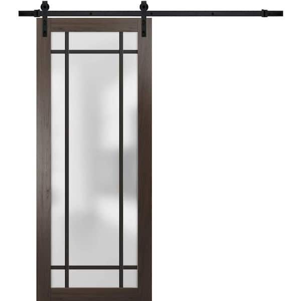 Sartodoors 36 in. x 80 in. 1 Panel Frosted Glass Chocolate Ash Solid Wood Sliding Barn Door with Hardware Kit