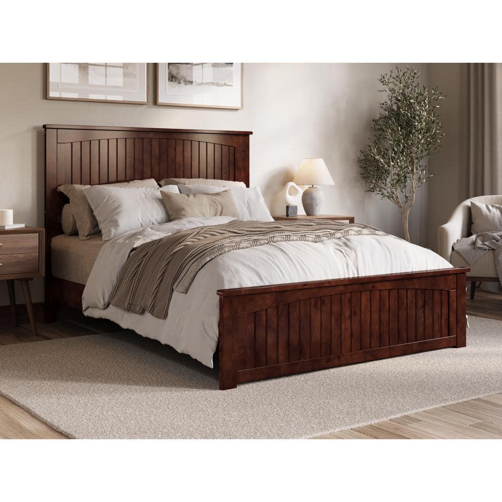 Walnut Queen Solid Wood Low Profile Platform Bed with Headboard and Footboard
