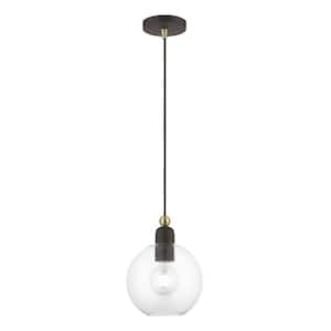 Downtown 1-Light Bronze Mini Pendant with Antique Brass Accent and Clear Sphere Glass