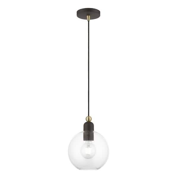 Livex Lighting Downtown 1-Light Bronze Mini Pendant with Antique Brass Accent and Clear Sphere Glass