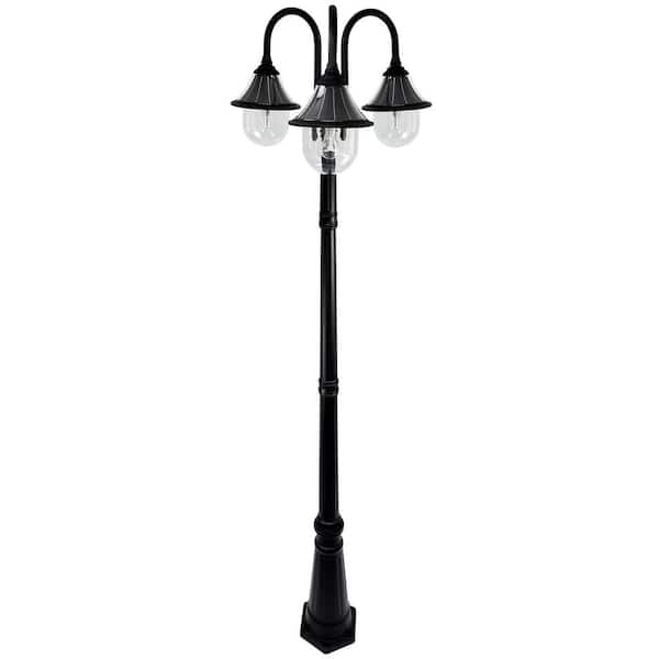 Orion 3-Light Black Modern Outdoor Solar Lamp Post Light, Waterproof Dusk to Dawn LED with Bulb and Pole
