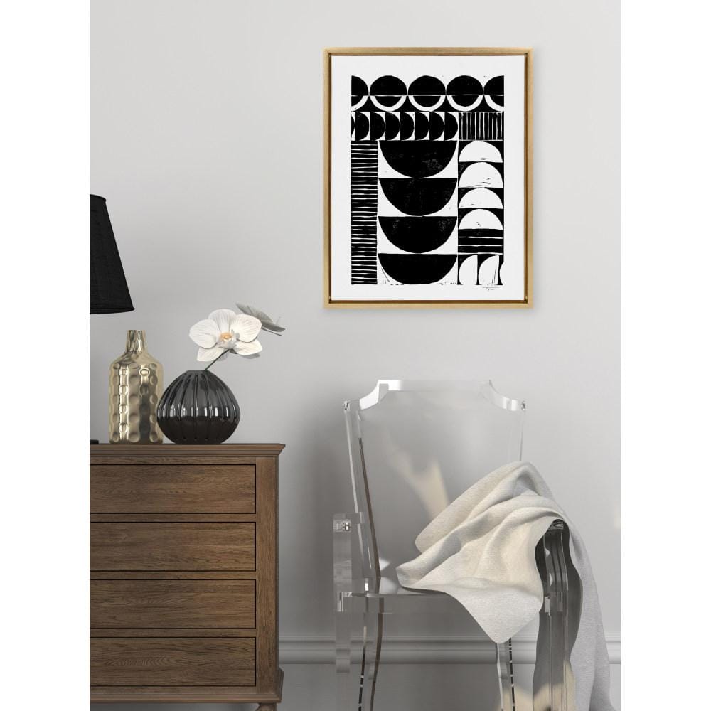 Modern Black and White Abstract Canvas Print with Natural Frame