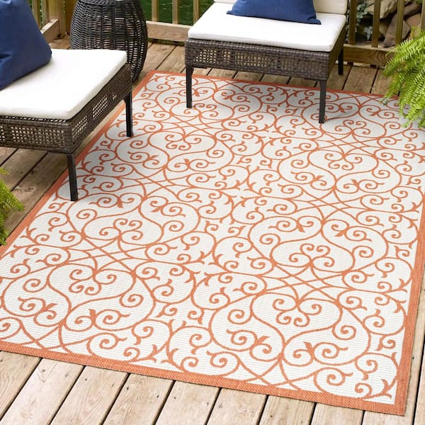 Madrid Vintage Filigree Textured Weave Cream/Orange 8 ft. x 10 ft. Indoor/Outdoor Area Rug
