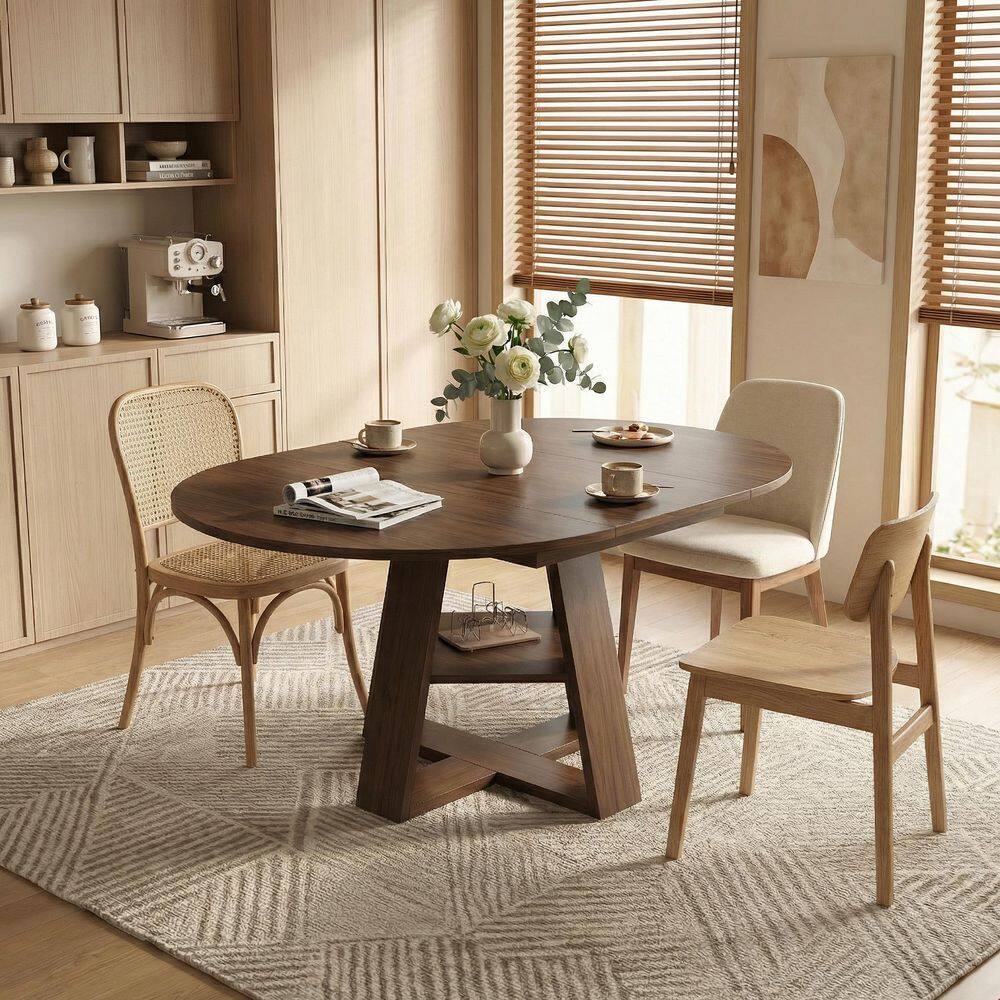 Walnut Brown Wood Cross Legs Extendable Dining Table Seats 4-8 with Removable Leaves and Storage Shelf