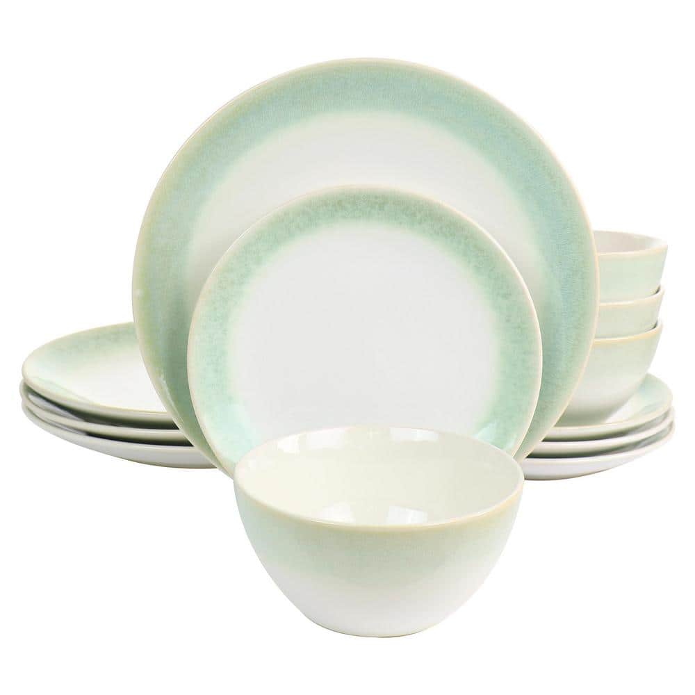 Green and White Ceramic 12-Piece Dinnerware Set, Service for 4