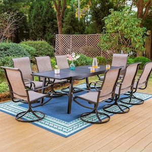 Black 9-Piece Metal Patio Outdoor Dining Set with Slat Extendable Table and Textilene Swivel Chairs