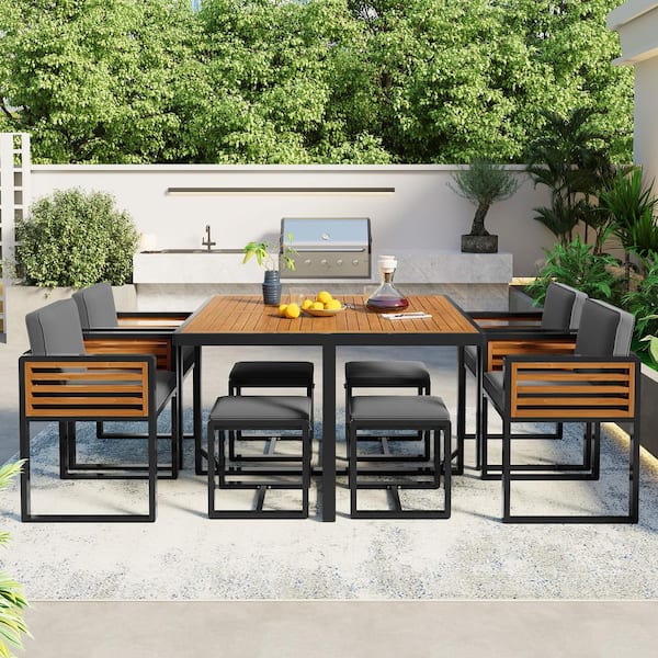 Cesicia 9-Pieces Acacia Wood Patio Dining Set Outdoor Sectional Set with Gray Cushions, 4-Cushioned Chairs and 4-Ottomans