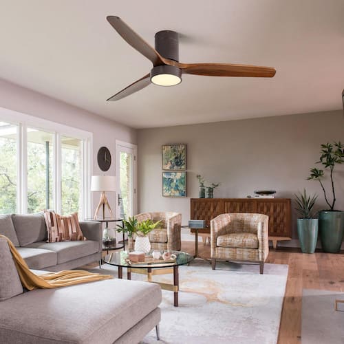 52 in. Flush Mount Ceiling Fan with LED Light and Remote Control Solid Wood Blades, Brown Ceiling Fans With Lights