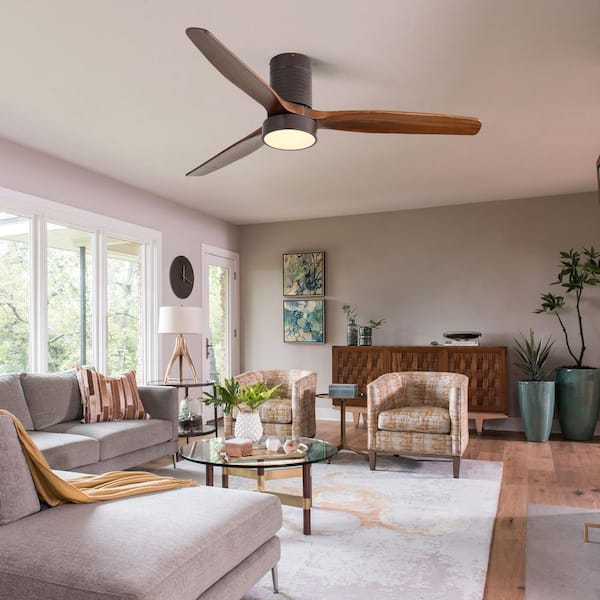 52 in. Flush Mount Ceiling Fan with LED Light and Remote Control Solid Wood Blades, Brown