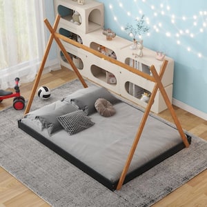 Tent Style Brown and Black Wood Frame Full Size Platform Bed with Triangle Structure, X-Shaped Safety Railings