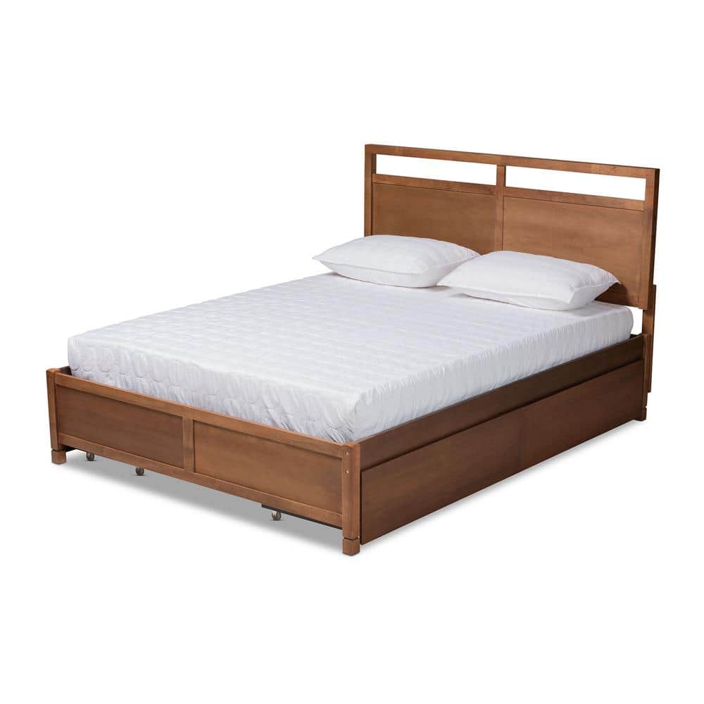 Walnut Brown Full Size Wood Storage Bed with Tufted Upholstery
