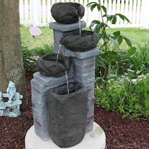 30 in. Resin Bowls Solar with Battery Backup Cascading Water Fountain with LED Light