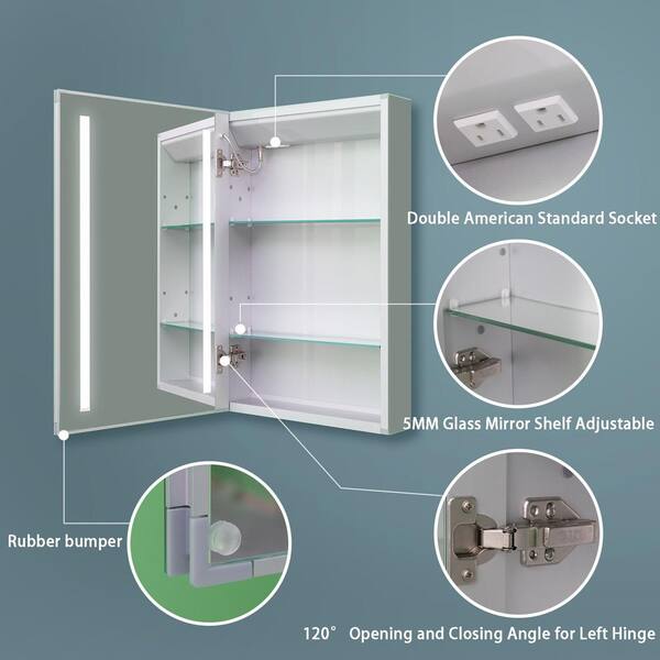 Xspracer Victoria 20 in. W x 26 in. H Rectangular Silver Aluminum Recessed Mount Medicine Cabinet with Mirror and LED Light JH 2026V3DKLDX
