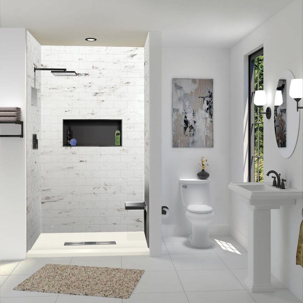 Trimslate 59.1 in. L x 35.5 in. W Alcove Shower Pan Base with Center Drain and Single Threshold in Cameo price history on PriceWatchPro