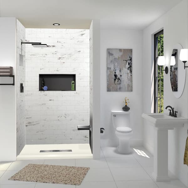 Trimslate 59.1 in. L x 47.5 in. W Alcove Shower Pan Base with Center Drain and Single Threshold in Cameo