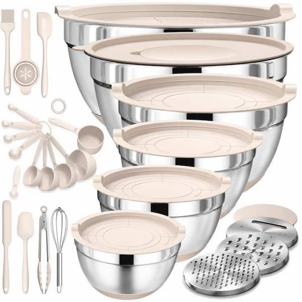 26-Piece Stainless Steel Bowls Set with Airtight Lids and Grater Attachments, Mixing Bowls for Mixing and Serving, Khaki