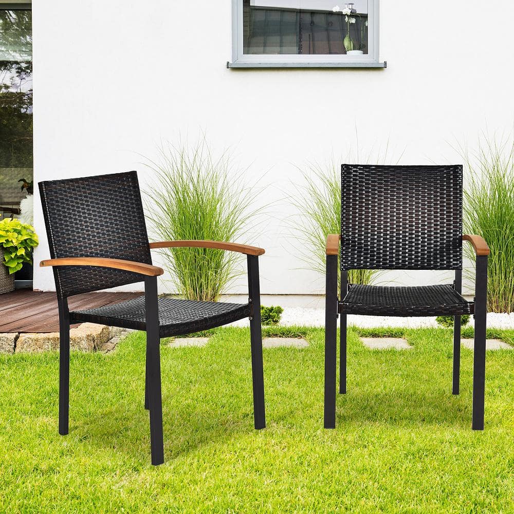 Rustic Wicker Dining Armchair with Cushions and Acacia Wood Armrests