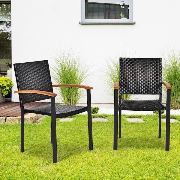 Black Non Stackable Wicker Outdoor Dining Chair with Steel Frame Acacia Armrests Indoor and Outdoor (4-Pack)