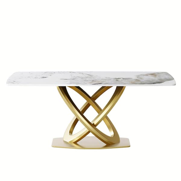 Magic Home 70.84 in. Pandora Sintered Stone Tabletop Gold Cross Pedestal Base Dining Table (Seats 6)