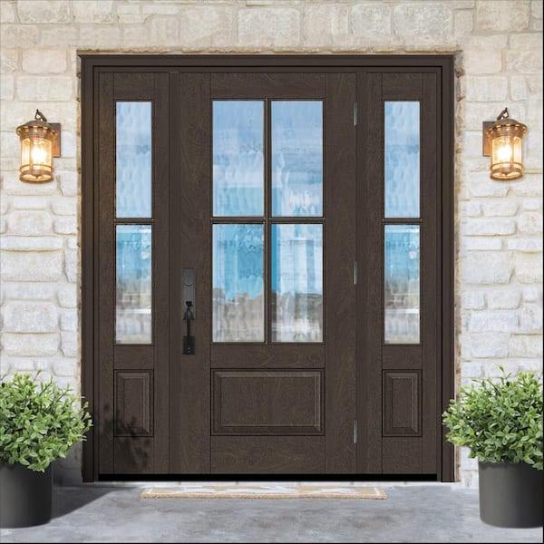 Steves & Sons Regency 64 in. x 80 in. 3/4-6 Lite Clear Glass LH Hickory Stain Mahogany Fiberglass Prehung Front Door w/Dbl 12in.SL