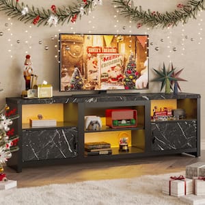 70 in. Black Marble LED TV Stand Fits TV's Up to 80 in. Entertainment Center with Cabinets and Removable shelf