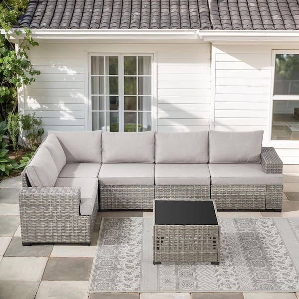 ModNest Taupe 6-Piece Wicker Patio Conversation Set, Modular Sectional Sofa with Beige Cushions and Coffee Table