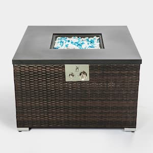 Brown Square Wicker Outdoor Fire Pit Table with Black Lid and Beige Cover