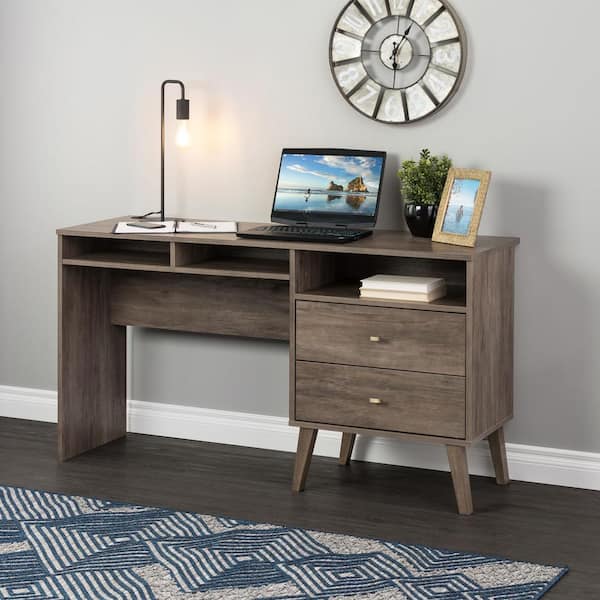 null Milo 55 in. Mid Century Modern Drifted Gray 2 Drawer Computer Desk with Side Storage