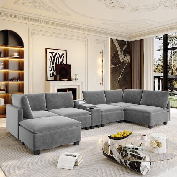 Rain 121.2 in. Chenille Modular Sectional Sofa in Grey, with Ottoman, Hidden Storage, USB, Cup Holders, Bluetooth