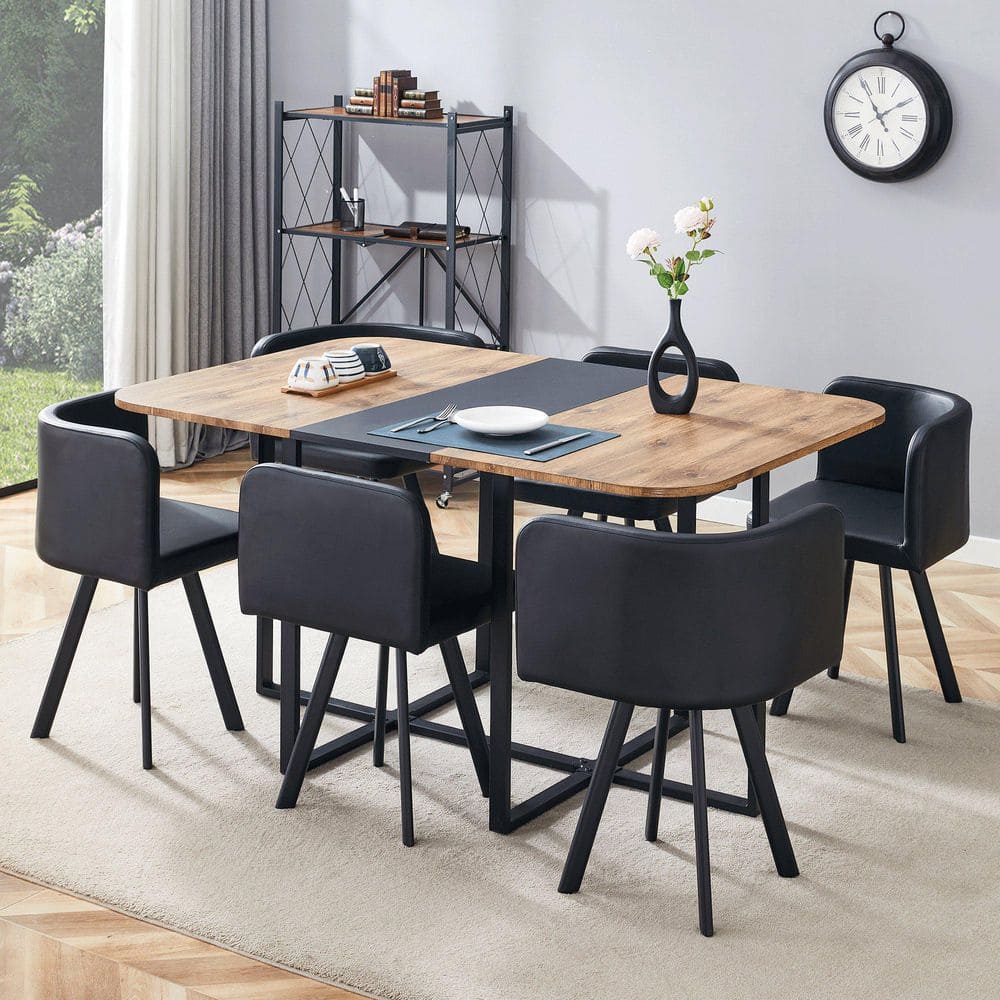 7-Piece Rectangular Black/Brown Wood Top Dining Table Set Seats 6 with 6 PU Leather Chairs