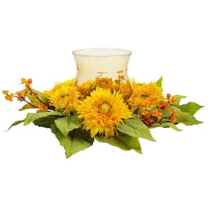 7.5 in. Artificial H Yellow Golden Sunflower Candleabrum Silk Flower Arrangement