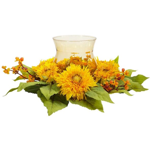 Nearly Natural 7.5 in. Artificial H Yellow Golden Sunflower Candleabrum Silk Flower Arrangement