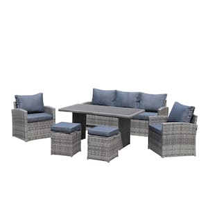 6-Piece Rattan Wicker Patio Conversation Set with Gray Cushions and Dining Table