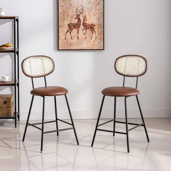 Lirago Walnut Frame Rattan Counter Height Bar Stools With Faux Leather Seat (Set of 4)