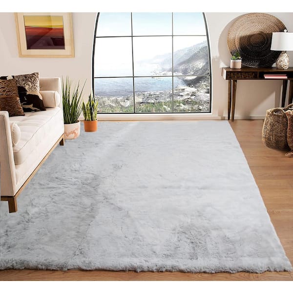 Mmlior Light Gray 8 ft. x 10 ft. Soft Faux Rabbit Fur Area Rug