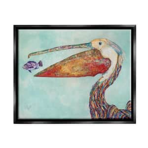 Pelican's Lost Supper Fish and Patterned Feathers by Lisa Morales Floater Frame Animal Wall Art Print 21 in. x 17 in.