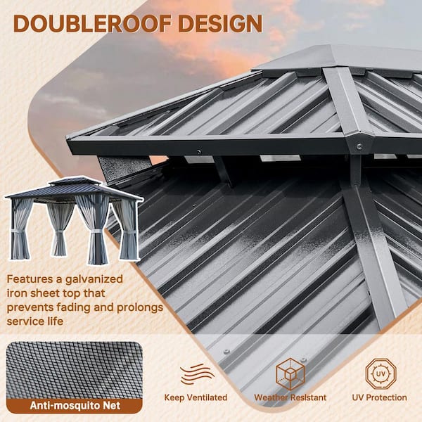 Sizzim 12 ft. W x 10 ft. D Black Aluminum Double Roof